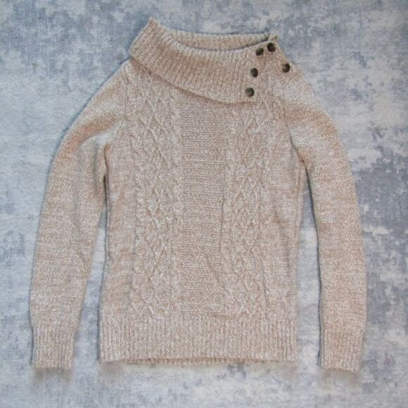 Chunky Cable Knit Heathered Beige Tan Button Fold Over Cowl Neck Sweater - Picture 3 of 9